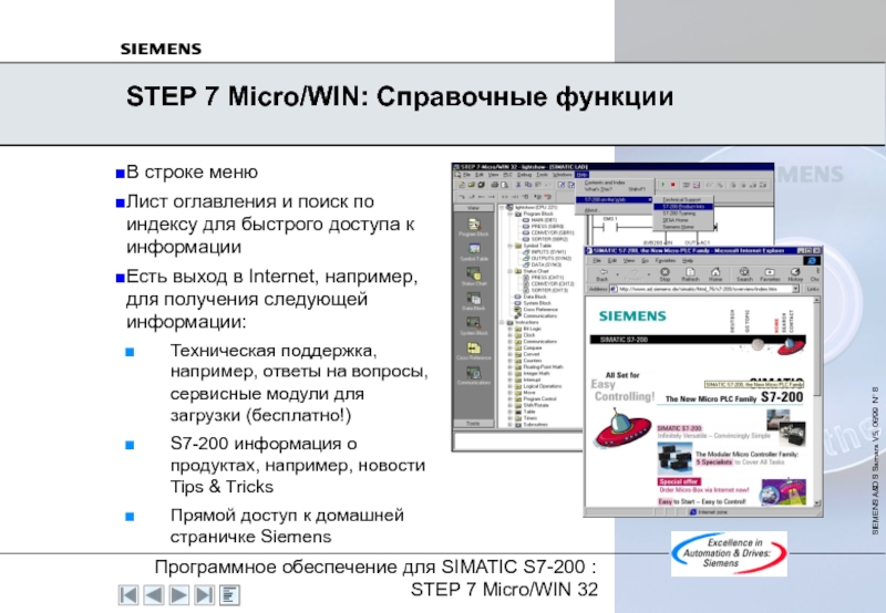 STEP 7 Micro/WIN: Справочные функцииВ строке менюЛист оглавления и поиск по индексу для быстрого доступа к информацииЕсть