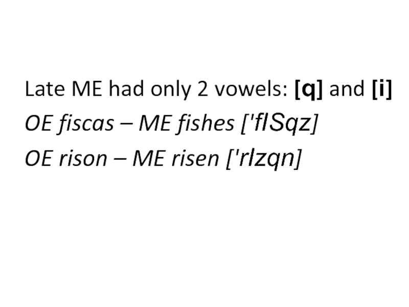 Late ME had only 2 vowels: [q] and [i]OE fiscas – ME fishes ['fISqz]OE rison – ME