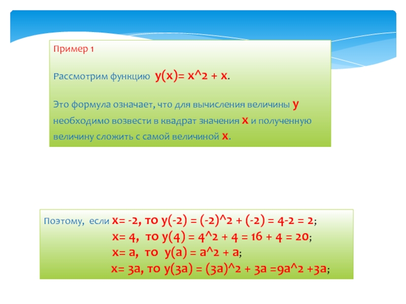 Пример 1Рассмотрим функцию y(x)= x^2 + x. Это формула означает, что для вычисления величины y необходимо возвести