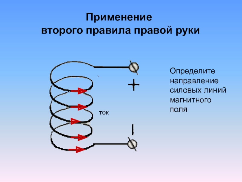 Проводящую спираль подключают к источнику постоянного тока в плоскости электрической схемы