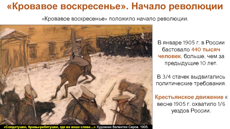 В январе 1905 г. в России бастовало 440 тысяч человек, больше, чем за предыдущие 10 лет. В