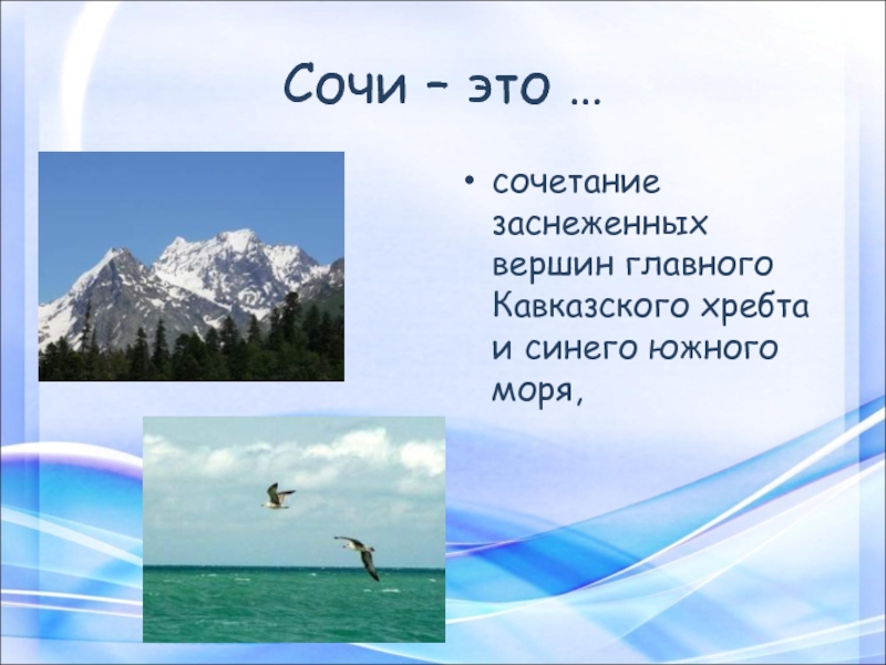 Сочи – это …сочетание заснеженных вершин главного Кавказского хребта и синего южного моря,  