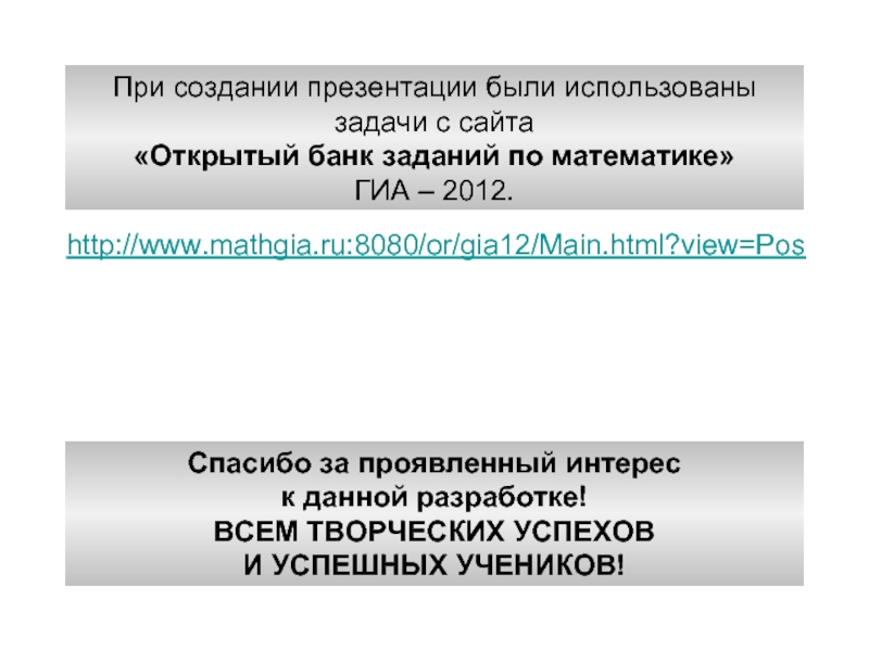 http://www.mathgia.ru:8080/or/gia12/Main.html?view=PosПри создании презентации были использованызадачи с сайта«Открытый банк заданий по математике»ГИА – 2012.Спасибо за проявленный интереск данной