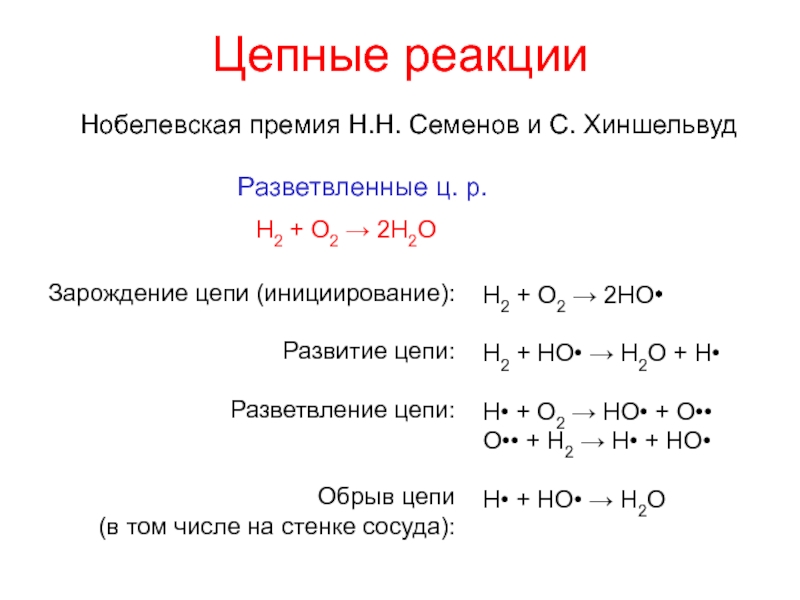 Определение цепных реакций. Теории цепных реакций семёнова. Примеры цепных реакций химия. Разветвленные цепные реакции Семенов. Химия формула цепной реакции.