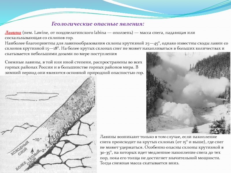 Опасное явление природы впр 6. Чрезвычайные ситуации геологического характера снежные лавины. Опасные геологические явления оползень лавина. Опасное природное явление ЧС. Наиболее благоприятны для лавинообразования склоны крутизной - это.