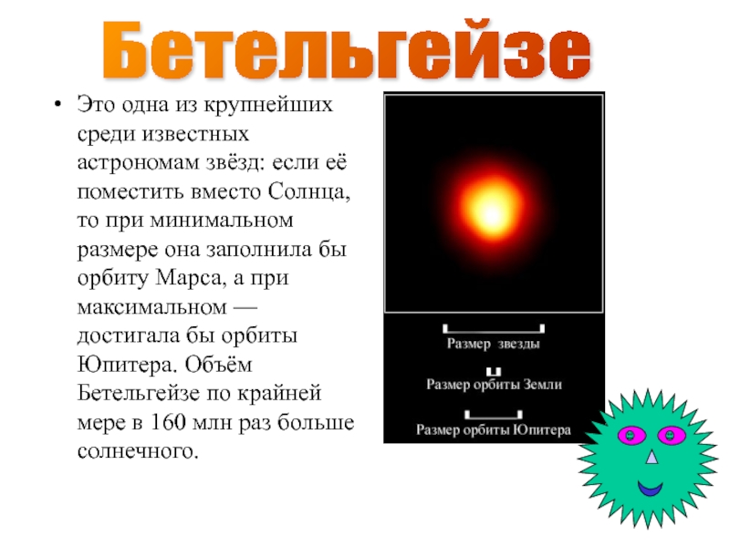 Это одна из крупнейших среди известных астрономам звёзд: если её поместить вместо Солнца, то при минимальном размере