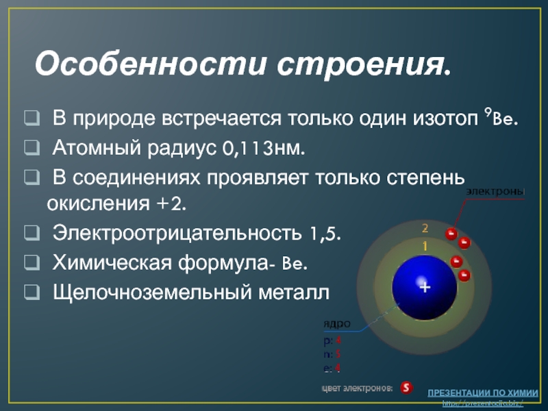 Бериллий электронов. Степень окисления щелочноземельных металлов. Изотопы бериллия. Особенности строения атомов щелочноземельных металлов. При образовании аниона из атома радиус?.