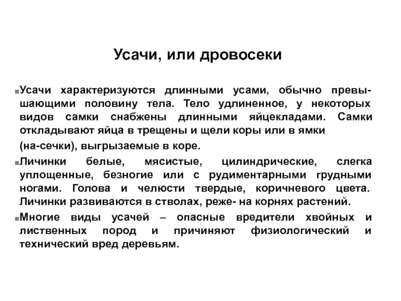 Усачи, или дровосеки
Усачи характеризуются длинными усами, обычно превы-шающими