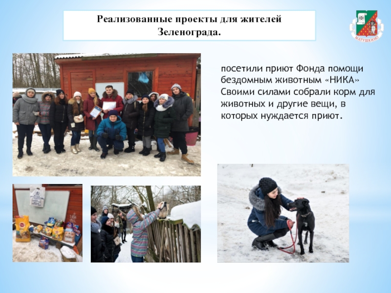 Реализованные проекты для жителей Зеленограда.посетили приют Фонда помощи бездомным животным «НИКА» Своими силами собрали корм для животных