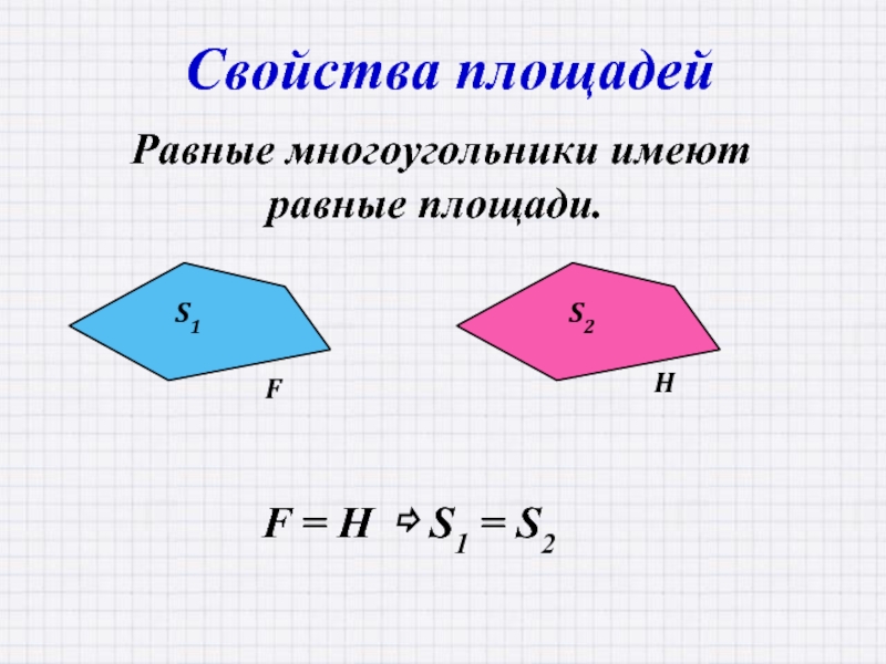 Свойства площадей Равные многоугольники имеют равные площади.F = H ⇨ S1 = S2S1S2