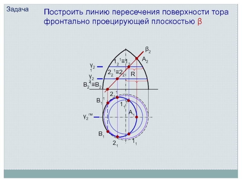 Проекции поверхностей. Пересечение тора проецирующей плоскостью. Построить линию пересечения поверхности вращения с плоскостью. Сечение тора проецирующей плоскостью. Построение линии пересечения с проецирующей поверхностью.