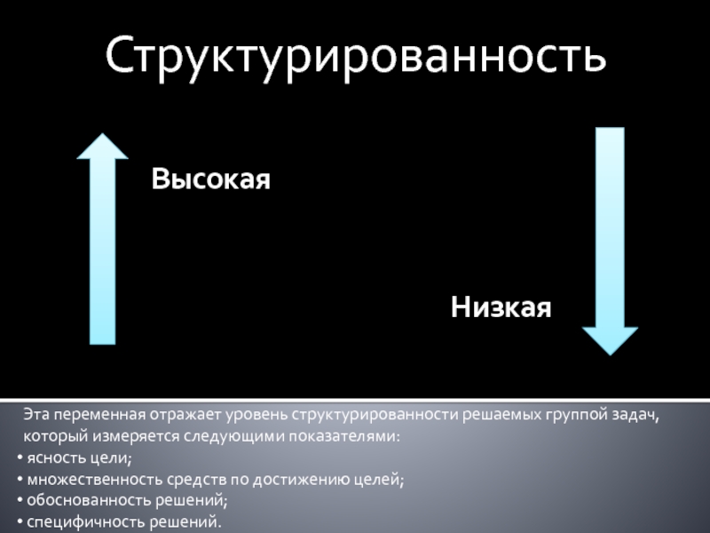 СтруктурированностьВысокаяНизкаяЭта переменная отражает уровень структурированности решаемых группой задач, который измеряется следующими показателями: ясность цели; множественность средств по