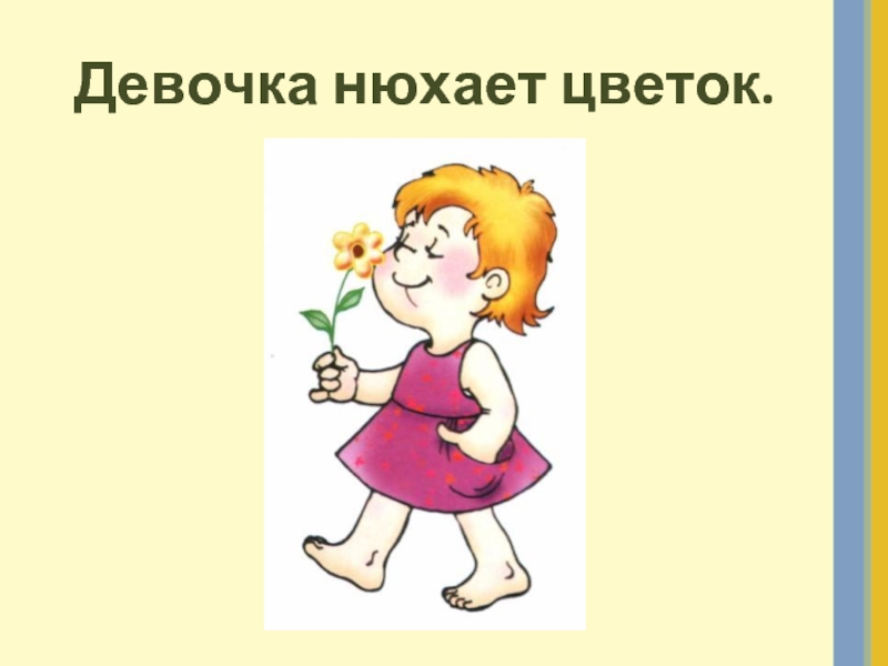 Девочка нюхает цветок.