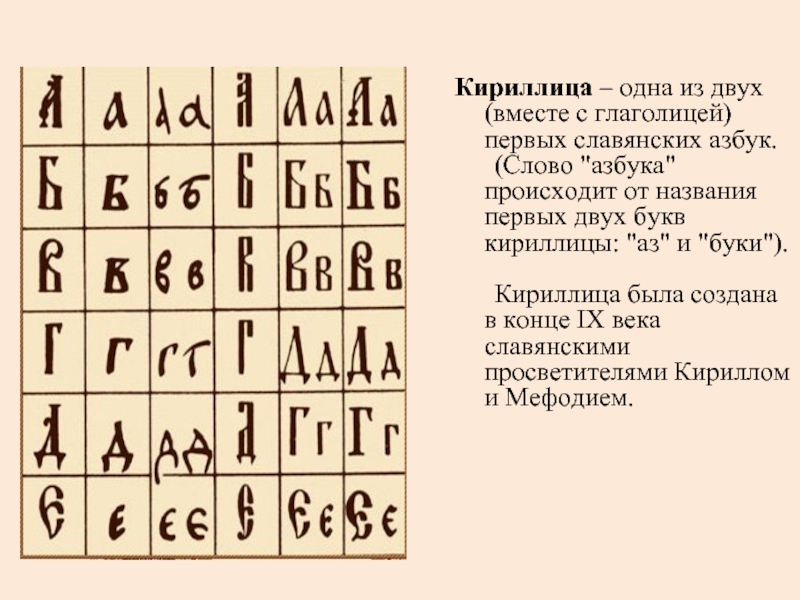 Кириллица – одна из двух (вместе с глаголицей) первых славянских азбук. 	(Слово 