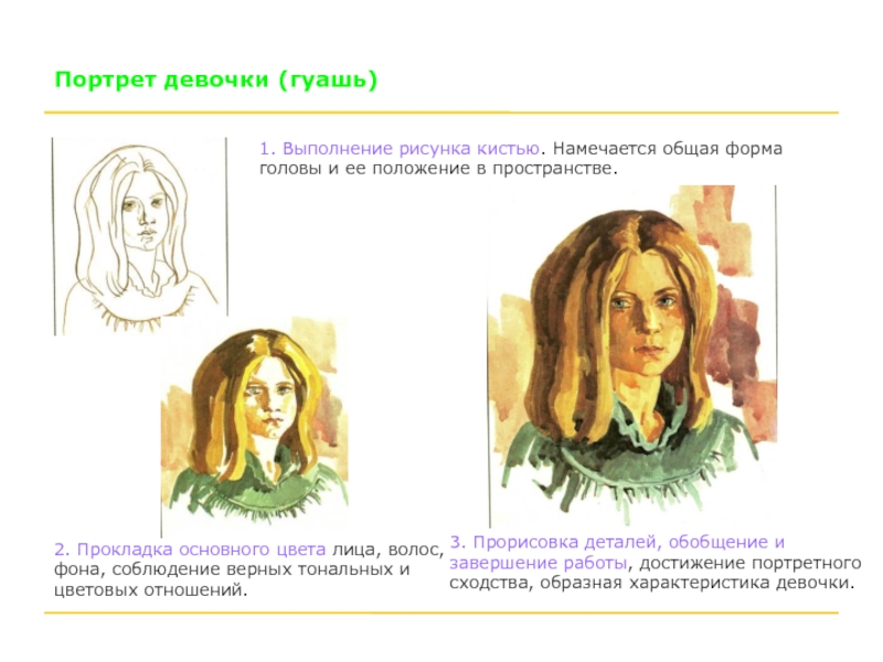 Портрет девочки (гуашь)1. Выполнение рисунка кистью. Намечается общая форма головы и ее положение в пространстве.2. Прокладка основного
