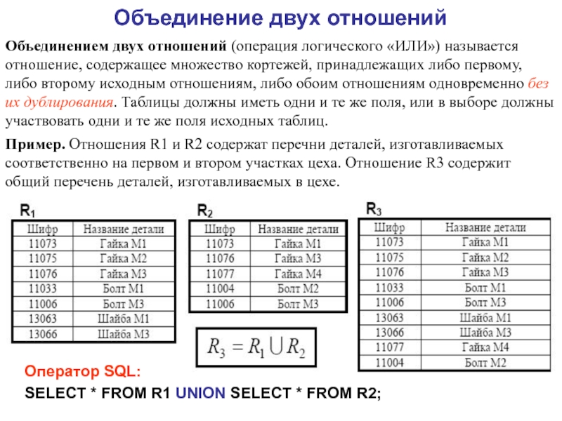 Операция объединения. Объединение двух отношений. Объединение отношений реляционная Алгебра. Объединение двух реляционных отношений. Примеры объединения отношений.