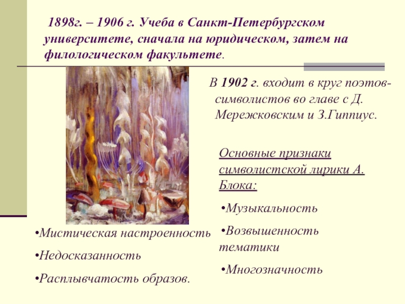 1898г. – 1906 г. Учеба в Санкт-Петербургском университете, сначала на юридическом, затем на филологическом факультете.
