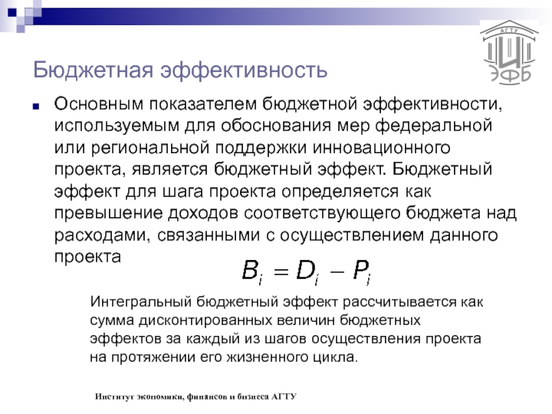 Основным показателем бюджетной эффективности инвестиционного проекта является