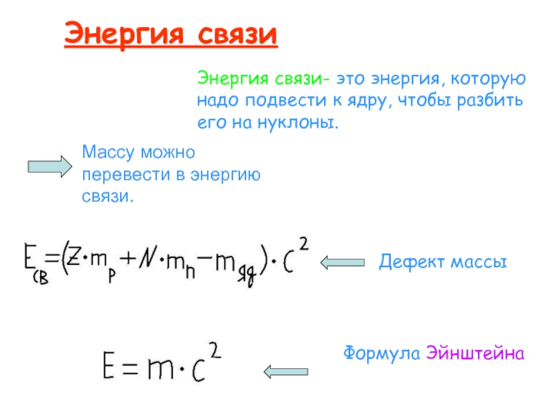 В чем заключается взаимосвязь энергии и массы. Энергия связи схема. Энергия связи ядра. Формула Эйнштейна. Уравнение Эйнштейна дефект масс. Законы атомной физики.
