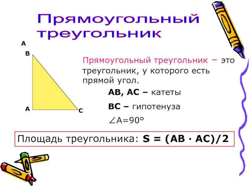 АПрямоугольный  треугольникАВСПрямоугольный треугольник – это треугольник, у которого есть прямой угол.АВ, АС – катетыВС – гипотенуза∠А=90°Площадь