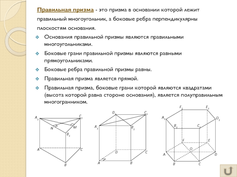 Правильная призма - это призма в основании которой лежитправильный многоугольник, а боковые ребра перпендикулярны плоскостям основания.Основания правильной