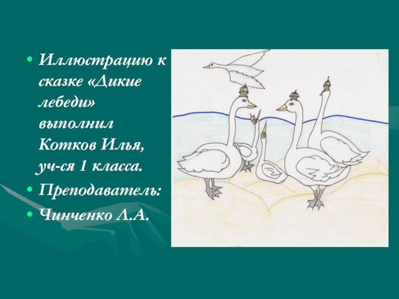 Иллюстрацию к сказке «Дикие лебеди» выполнил Котков Илья, уч-ся 1 класса.Преподаватель:Чинченко Л.А.