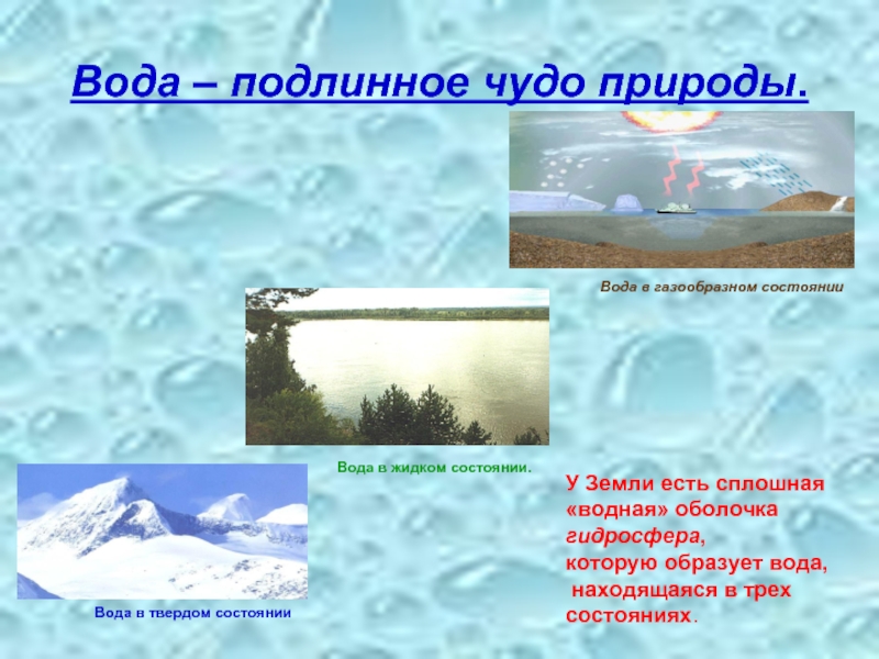 Вода образует. Вода чудо природы. Газообразное состояние воды в природе. Состояние воды в гидросфере. Газообразное состояние гидросферы.