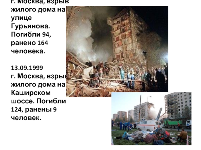 08.09.1999 г. Москва, взрыв жилого дома на улице Гурьянова. Погибли 94, ранено 164 человека.  13.09.1999
