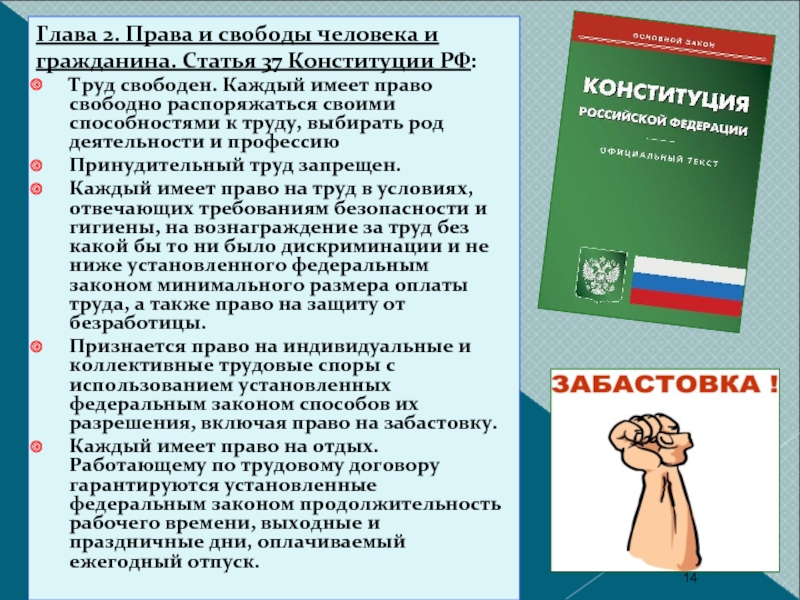Глава 2. Права и свободы человека игражданина. Статья 37 Конституции РФ:Труд свободен. Каждый имеет право свободно распоряжаться