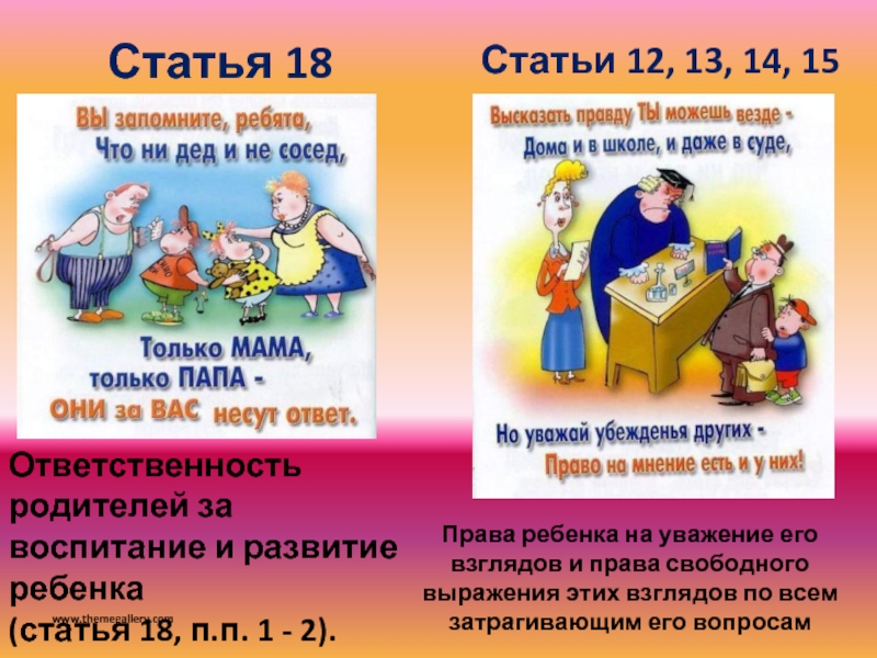 www.themegallery.comСтатья 18 Ответственность родителей за воспитание и развитие ребенка (статья 18, п.п. 1 - 2). Статьи 12, 13, 14, 15Права