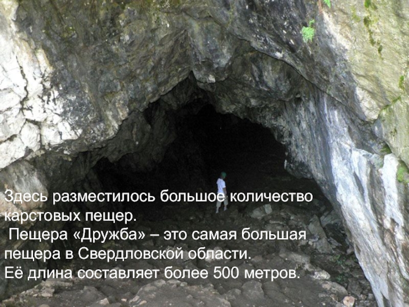 Здесь разместилось большое количество карстовых пещер. Пещера «Дружба» – это самая большая пещера в Свердловской области. Её