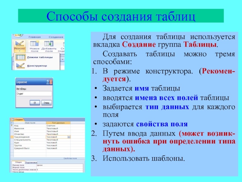 Создание метода. Способы создания таблиц. Перечислите способы создания таблиц. Способы создания таблиц Информатика. Способы создания таблиц в БД.