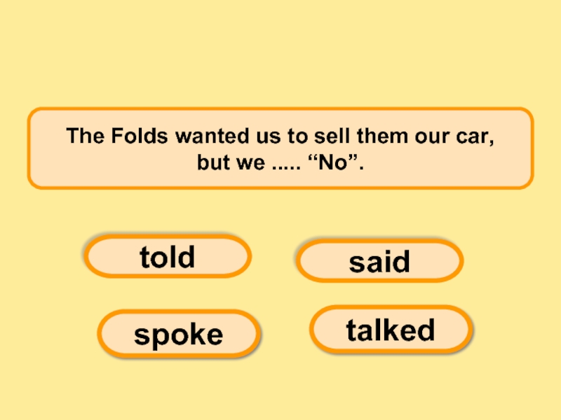 The Folds wanted us to sell them our car, but we ..... “No”.      toldspokesaidtalked