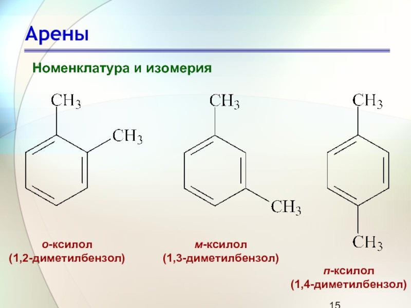 АреныНоменклатура и изомерияо-ксилол(1,2-диметилбензол) м-ксилол(1,3-диметилбензол) п-ксилол(1,4-диметилбензол)
