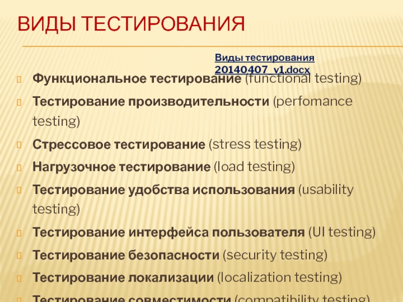 ВИДЫ ТЕСТИРОВАНИЯФункциональное тестирование (functional testing)Тестирование производительности (perfomance testing) Стрессовое тестирование (stress testing)Нагрузочное тестирование (load testing)Тестирование удобства использования