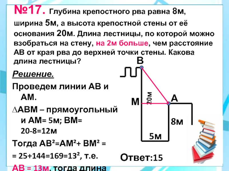 Найдите длину наименьшей высоты. Средняя высота крепостной стены. Ров шириной 8 метров. Ров глубиной 2 метра шириной 1,2. Стена Крепостная 10 м высоту 2 м ширину.