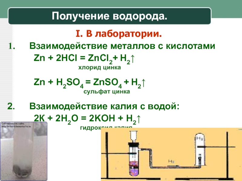 Водород можно получить действием. Получение водорода в лаборатории. Получение водорода. Способы получения водорода реакции.