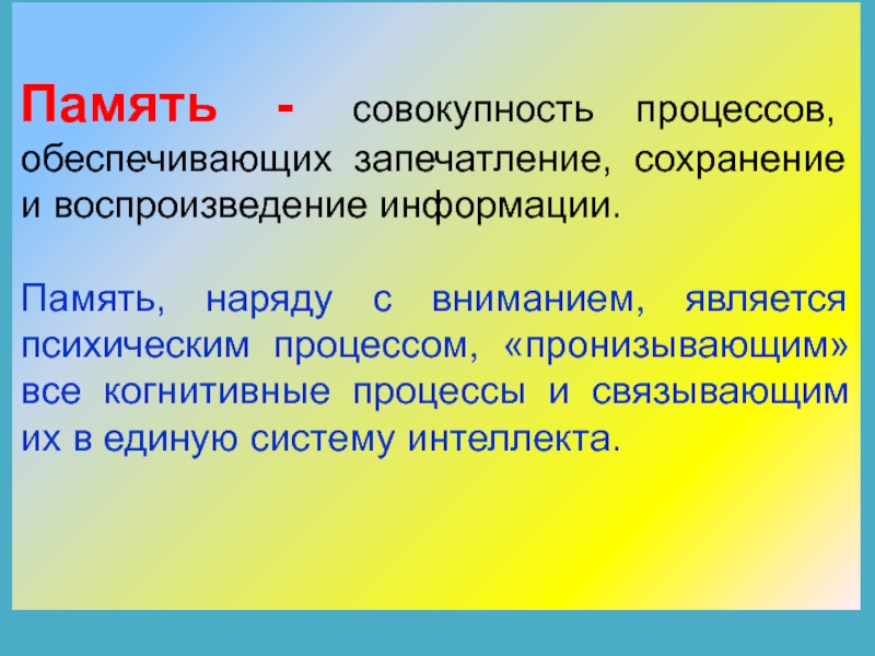 Память совокупность. Память это совокупность процессов. Процессы памяти запечатление. Сохранение и воспроизведение информации. Память запечатление сохранение воспроизведение.