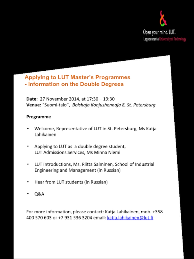 Applying to LUT Master’s Programmes - Information on the Double Degrees Date: 27 November 2014, at 17:30
