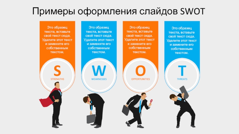 ИНФОГРАФИКА SWOT( продолжение)
Это образец текста, вставьте свой текст сюда Примеры оформления слайдов SWOTЭто образец текста, вставьте свой текст сюда. Удалите Примеры оформления слайдов SWOTЭто образец текста, вставьте свой текст сюда. Удалите этот текст и замените его собственным