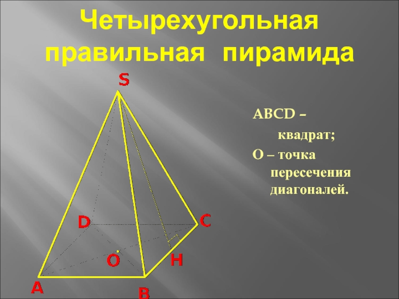 Четырехугольная  правильная пирамидаABCD –    квадрат;О – точка пересечения диагоналей.