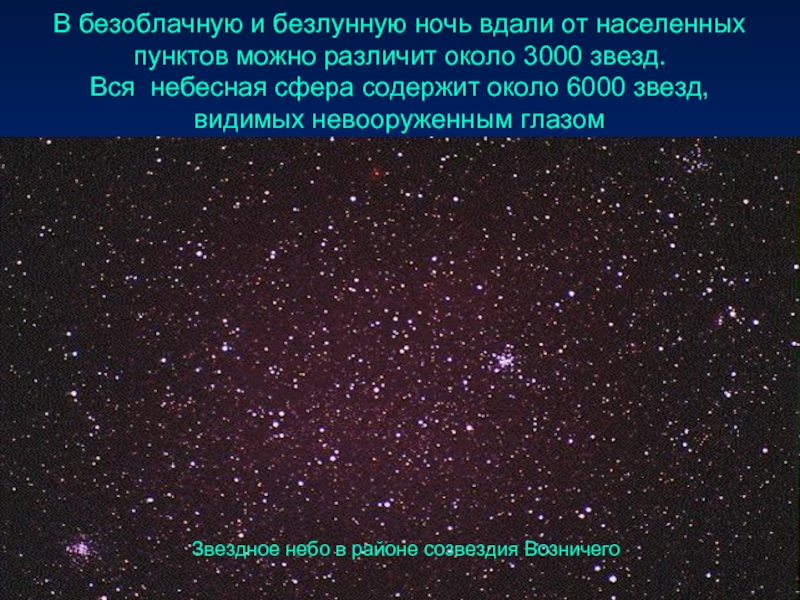 В безоблачную и безлунную ночь вдали от населенных пунктов можно различит около 3000 звезд. Вся небесная сфера