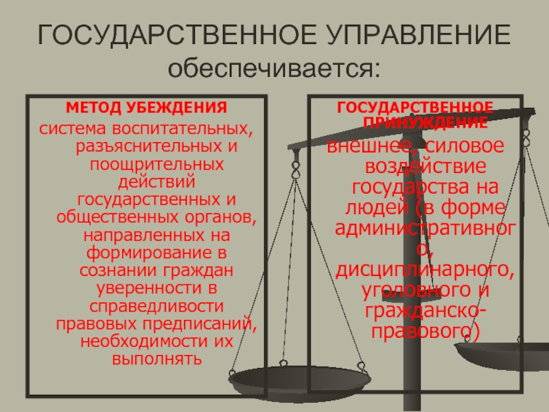 Право управления государством. Методы убеждения и принуждения в государственном управлении. Метод убеждения в государственном управлении. Методы убеждения и принуждения в административном праве. Государственное управление обеспечивается.