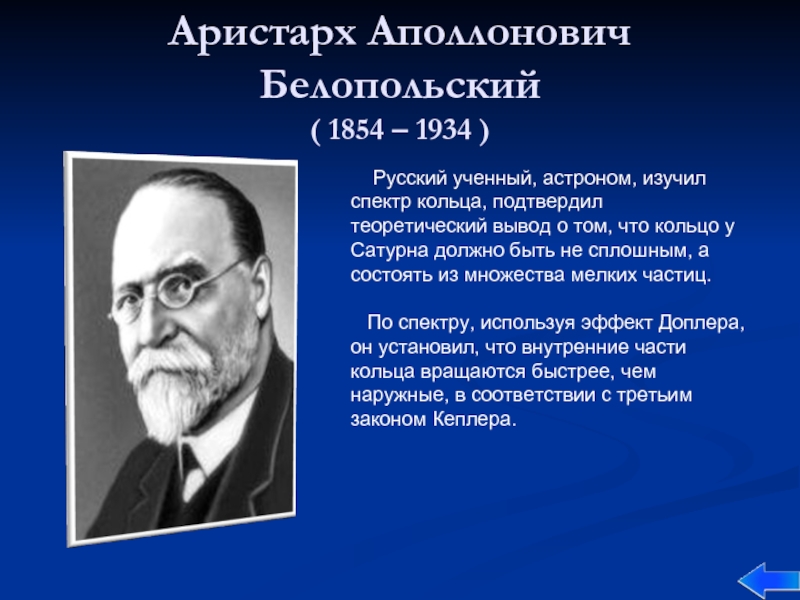 Аристарх Аполлонович Белопольский ( 1854 – 1934 )  Русский ученный, астроном, изучил спектр кольца, подтвердил теоретический