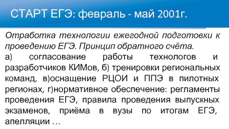 СТАРТ ЕГЭ: февраль - май 2001г.Отработка технологии ежегодной подготовки к проведению ЕГЭ. Принцип обратного счёта.а) согласование работы