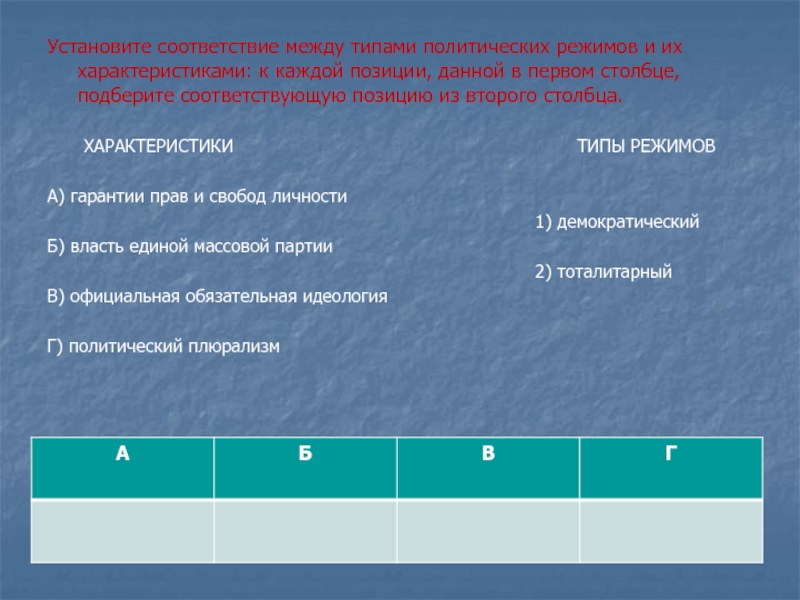 К каждой позиции первого. Установите соответствие между типами политических. Установите соответствующие между типами политических режимов и их. Установите соответствие между типами политических режимов. Установите соответствие между типами политических режимов и их.