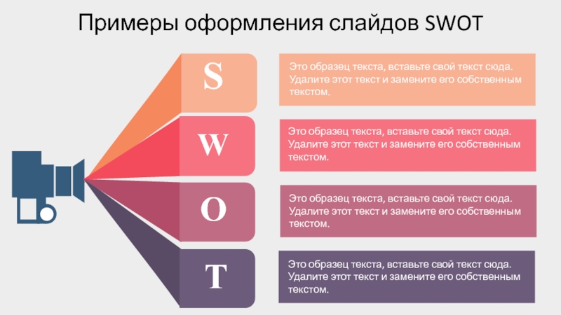 ИНФОГРАФИКА SWOT( продолжение)
Это образец текста, вставьте свой текст сюда Примеры оформления слайдов SWOTЭто образец текста, вставьте свой текст сюда. Удалите Примеры оформления слайдов SWOTЭто образец текста, вставьте свой текст сюда. Удалите этот текст и замените его собственным