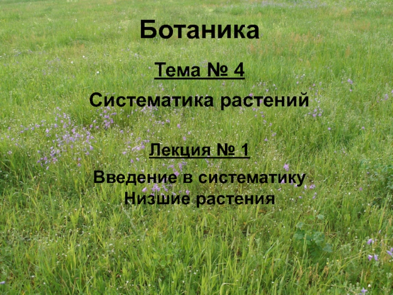 Ботаника
Тема № 4
Систематика растений
Лекция № 1
Введение в систематику
Низшие