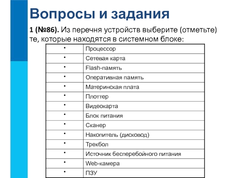 Перечень устройств. Выберите устройства которые находятся в системном блоке. Выберите те устройства, которые находятся в системном блоке.. Из перечня устройств выберите. И перечня устройств выберите те которые находятся в системном блоке.