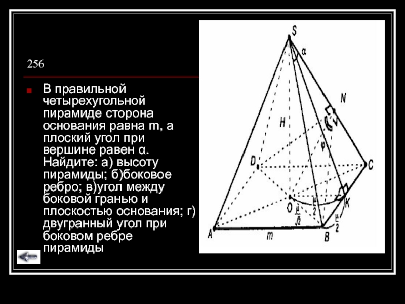 Плоский угол при вершине правильной четырехугольной